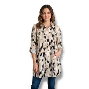 Style & Co 100% Linen Abstract Print Button Down Tunic Top With Collar Size 18